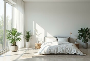 Bright White Bedroom with Large Windows and Indoor Plants