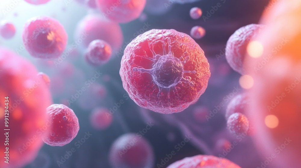 Poster a 3d rendering of stem cells dividing and developing into specialized cells, representing medical an