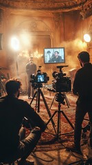 Behind-the-scenes view of a film production in an ornate, vintage room. Cameras capture an actor on set while crew monitors the scene on screens.
