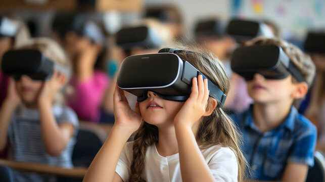 Group of young children using virtual reality headsets in a classroom, exploring immersive learning experiences