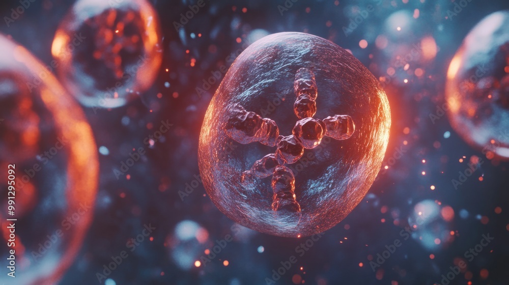 Poster a 3d rendering of stem cells dividing and developing into specialized cells, representing medical an