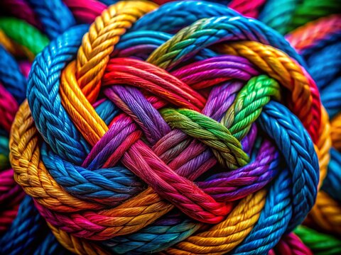 Colorful braided rope texture, close-up view