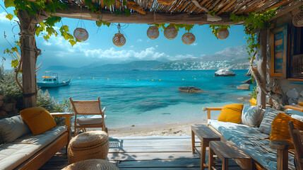 Beachside Patio with Ocean View and Wooden Furniture - Realistic Image