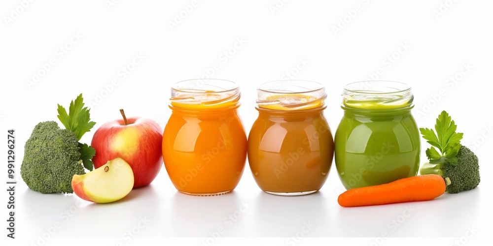 Poster four jars of different colored drinks with a carrot and an apple on the table