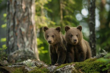 Fototapeta premium Two baby bears standing on a mossy log in a forest