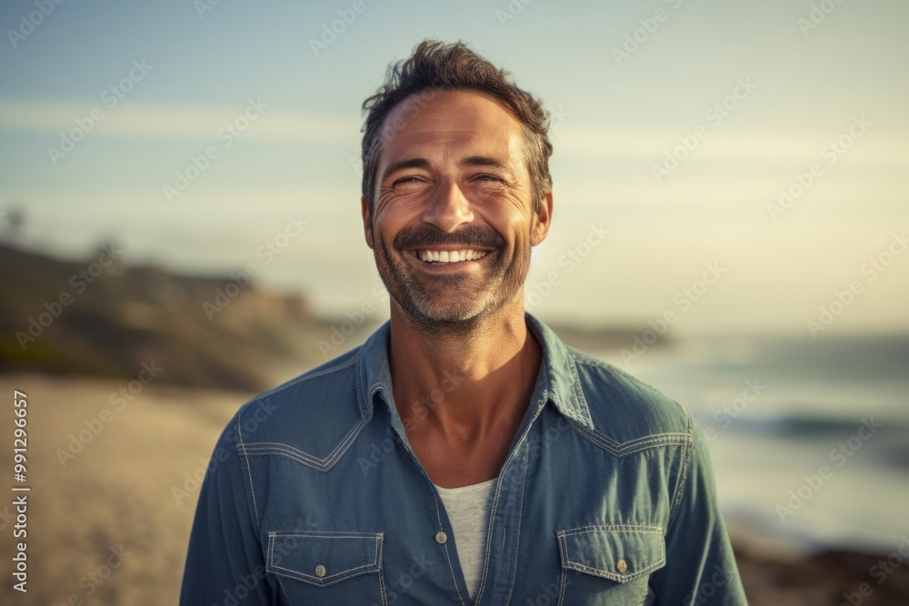 Canvas Prints Portrait of a joyful man in his 40s sporting a versatile denim shirt isolated in sandy beach background