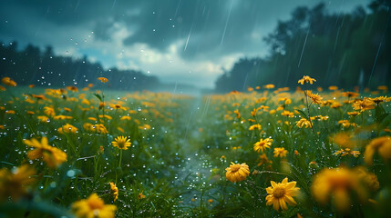 Rainy Day in a Field of Yellow Flowers - Realistic Image