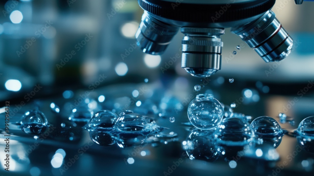 Aufkleber a close-up image of stem cells floating in a solution under a microscope, with a scientific lab in t