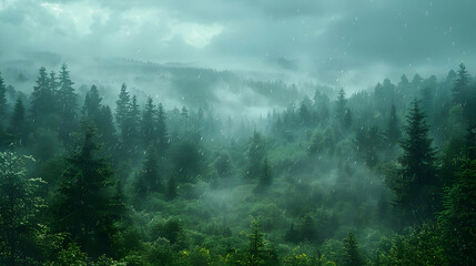 Raining in the Forest - Misty Evergreen Trees