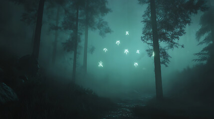 Obraz premium A mysterious fog rolling through a dark forest, with faint, glowing symbols appearing in the mist