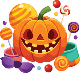Fototapeta premium Scary pumpkin basket to collect candy on Halloween day, Concept for Halloween holiday