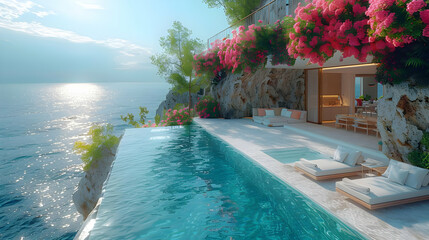 Obraz premium Modern Cliffside Villa with Infinity Pool - 3D Illustration
