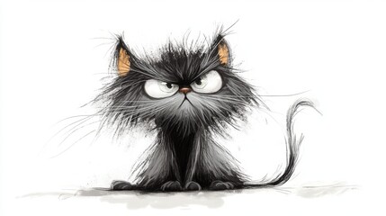 Grumpy black cat with messy fur and big eyes sitting on white background.