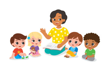 A teacher is sitting and reading a storybook to young students. The children are seated around the teacher on floor, listening intently.