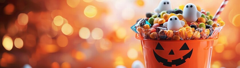 Halloween candy bucket with colorful treats, festive and spooky theme.