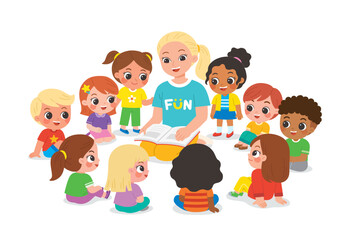 A teacher is sitting and reading a storybook to young students. The children are seated around the teacher on floor, listening intently.
