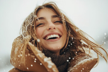 Portrait of young beautiful smiling woman in snowfall, cold winter season