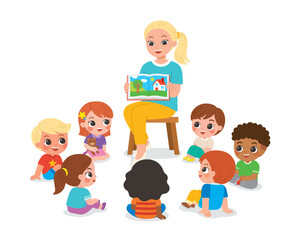 Kindergarten teacher reading and telling a story to children group showing book spread picture. Teacher talks to student sit on floor in circle and listen to her.