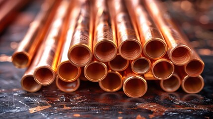 Stack of Copper Pipes on a Dark Surface
