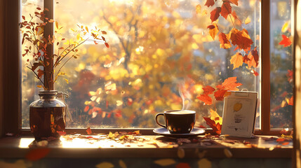 Cozy Lofi Anime Manga Illustration with Traditional Japanese Tea Party Autumn Vibes and Warm Aesthetics