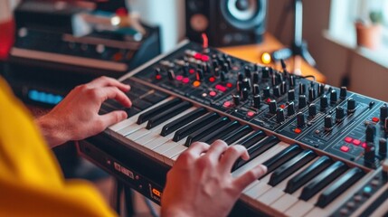 Obraz premium A musician playing a synthesizer, creating unique sounds with vibrant colors and expressive movements in a cozy studio environment.