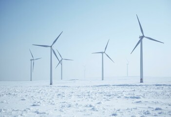 Five Wind Turbines Standing in a Snow-Covered Field