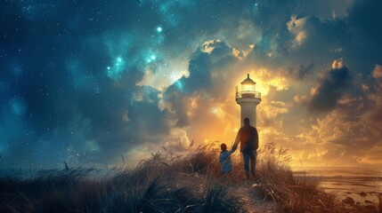 Fototapeta premium A serene image of a father and child walking hand in hand on a beach at night towards an illuminated lighthouse under a starry sky, creating a dreamlike ambiance.
