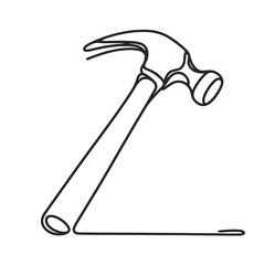 A hammer is shown in a black and white drawing. The hammer is the main focus of the image, and it is positioned in a way that it is leaning against a surface. The drawing conveys a sense of stability