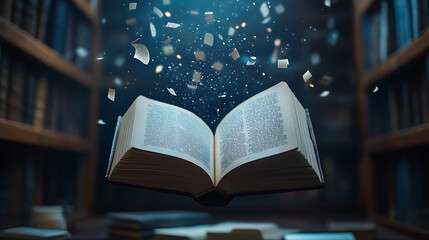 A tranquil scene of an open book floating in mid-air, with pages turning on their own, revealing ancient wisdom