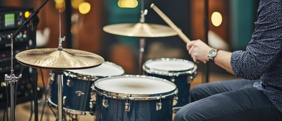 Obraz premium Close-up of a drummer's hands playing a blue drum set in a vibrant studio with colorful lights.