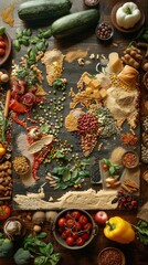 Fototapeta premium A food world map creatively made from grains, cheese, veggies symbolizing global culinary diversity on a wooden background.