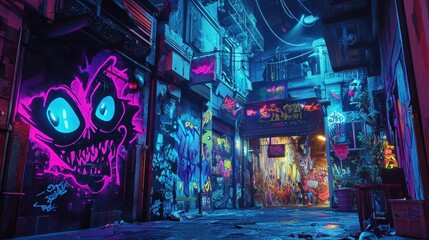 An urban scene with glowing 3D graffiti art that appears to come to life under streetlights, style