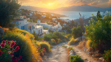 Sunrise Over Coastal Village Illustration
