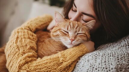 A young woman with long red hair is holding a ginger cat in her arms The woman is wearing a brown sweater  and has her eyes closed
