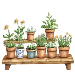 Obraz premium Watercolor illustration of potted plants on a wooden shelf.