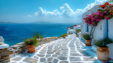 Cobblestone Pathway Leading to the Ocean with White Buildings and Flowers - Photo