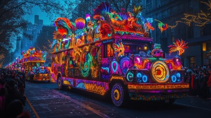 Naklejka premium Colorful New Year Parade with Festive Floats and Lights