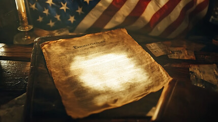 Emancipation Proclamation document glowing with light, set against a backdrop of American flags and historical imagery