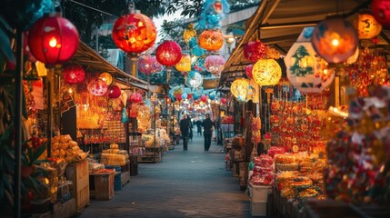Naklejka premium Colorful Festive Market Decorated for New Year Celebrations