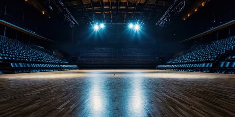 Illuminated sports arena with wooden floor, empty seats in dark ambiance.