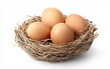 Brown chicken eggs in a nest on a white background.