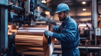 Obraz premium Worker Operating Copper Printing Machine in Industry