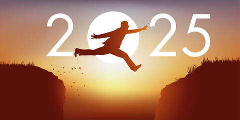Un homme saute par dessus un gouffre entre deux falaises devant un soleil au zénith et symbolise le passage à la nouvelle année 2025