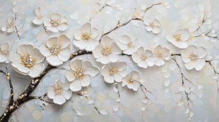 White flowers with sparkling gems on a light blue canvas.