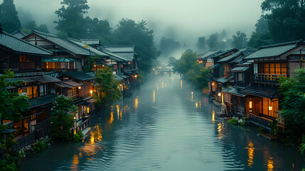 Foggy Riverfront Scene with Traditional Houses - Illustration