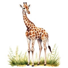 Fototapeta premium Watercolor Painting of a Giraffe Standing in Grass.
