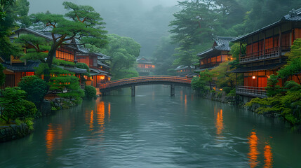 Japanese Garden Bridge and Houses with Fog Illustration