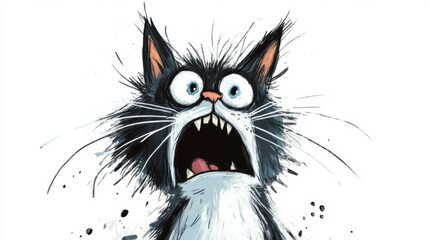 A black and white cartoon cat with big eyes and an open mouth, looking shocked.