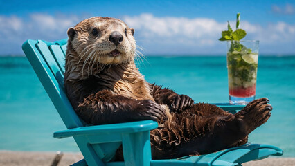 Sea otter is enjoying a cocktail on the beach 