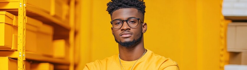 Obraz premium Confident Man Standing in Front of a Yellow Background Exuding Positive and Modern Energy, A Portrait of Success and Style